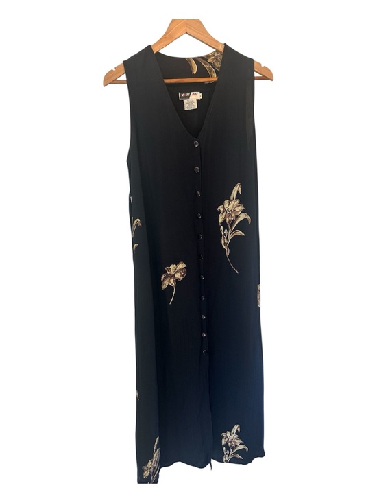 Vintage Dresses & Skirts - Vintage 1990s Black Button Down Maxi Dress with Cream Floral Print with Tie Back